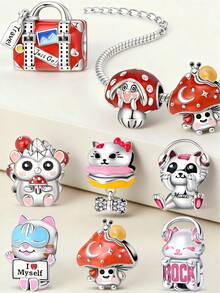 1PC925 Silver-Plated 'Travel' Charm Just Go! Red Travel Bag, Hamburger Cat, Music, ROCK Kitten, I Myself Happy Cat, Cute Mushroom, Little Hedgehog, Snail Head Mushroom Pendant Charms, Women's Original DIY Jewelry, Snake Bone Chain, Suitable For Music Festivals, Birthdays, Carnivals, And Ramadan Gifts - Multicolor - View 12