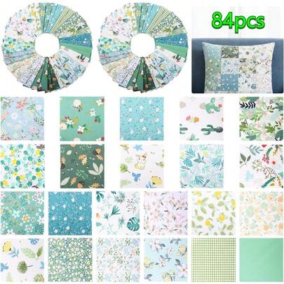 84pcs 5-Inch Pre-Cut Patchwork Fabric Squares, 100% Polyester Floral Patchwork Fabric Suitable For Sewing, DIY Crafts, Quilt Making, Deep Green