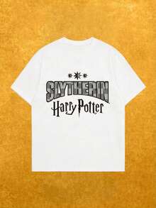 Whysmera SHEIN X Harry Potter Casual Short Sleeve T-Shirt, Cute Cartoon Characters & Hippogriff Print, Breathable, Retro Comic Style, Daily Wear, Summer - White - View 2