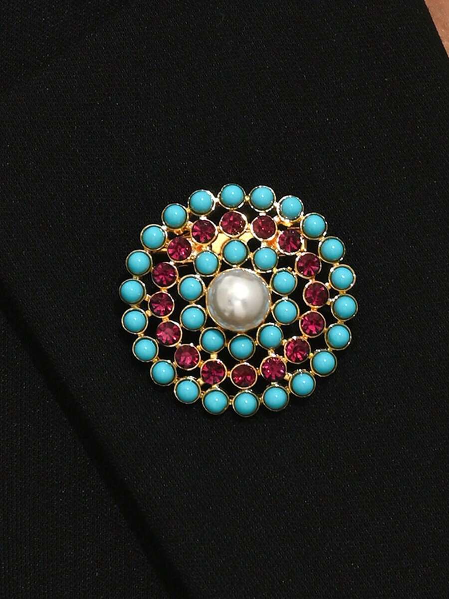 1pc Rhinestone & Seed Bead Hollow Round Brooch, Bohemian Style, Suitable For Women's Party & Gathering - Multicolor - View 1