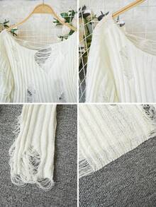 New Arrival Spring/Summer Sweet Innocent Hollow-Out Ripped Knit Sweater, Unique & Gorgeous Top, - Milky White - View 9