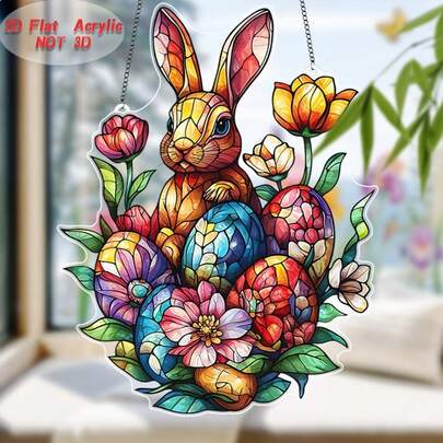 1pc Easter Bunny And Eggs Suncatcher, 2D Acrylic Stained Glass Style, Animal Theme Plastic Garden Decor, Holiday Wall Art, Vibrant Seasonal Gift For Home & Porch Decoration, Bunny Accessories