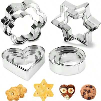 12/20 piezas Juego de cortadores de galletas de acero inoxidable - Formas de estrella, corazón, flor y redonda, moldes de corte de frutas - Adecuado para hornear y decorar pasteles para el Día de San Valentín