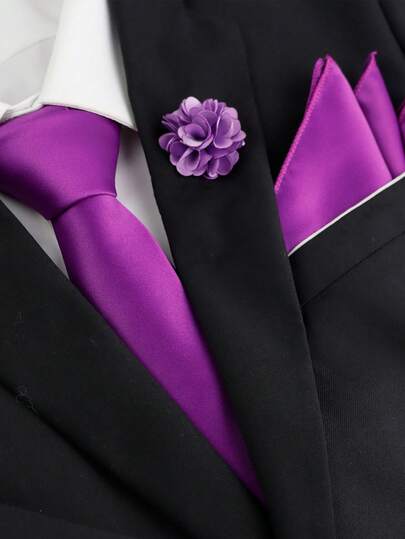 ZLQ&GOU 3pcs Satin Necktie Set For Men, Includes Tie, Pocket Square, And Lapel Pin, Suitable For Weddings, Business, Office, Parties, And Formal Occasions, Great Gift