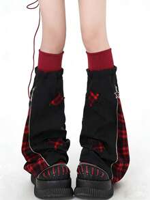 1 双黑红格子轻薄多层保暖腿套，饰有星形拼接和拉链设计，小众风格 - 黑色 - 查看 2