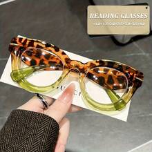 1-Piece New Fashion European And American Style Large-Frame Cat-Eye Spring-Loaded Wide Temple Women's High-Definition Reading Glasses, Suitable For Everyday Wear Without Makeup, Can Complement Outfits And Modify The Face Shape, And The Spring-Loaded Temples Do Not Pinch The Face When Worn - 綠豹 - 查看 4