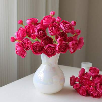 8pcs Artificial Ranunculus & Peony Flowers, Large Pack, Suitable For Vase Arrangement, DIY Bouquet, Wedding & Party Decor, Rose Red