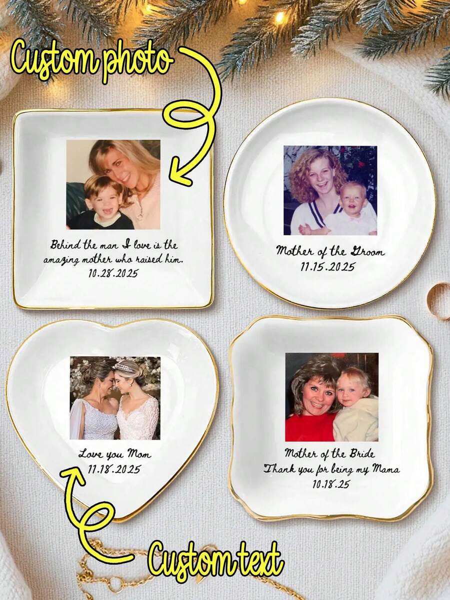 1pc Custom Mom Photo Trinket Dish, Custom Ring Dish, Gift For Mom, Jewelry Dish, Custom Gift, Gift For Mother, Mom Ring Dish, Photo Trinket Tray, Custom Jewelry Tray For Mom, Wedding Favor Gift For Mom - أبيض - مشاهدة 1