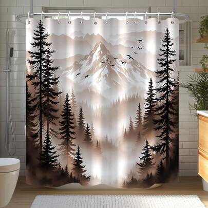 1pc Brown Forest Rosin Shower Curtain With Misty Birds In The Mountains Suitable For Bathroom Partitions, Bathroom Curtain Decoration, Bathroom Accessories
