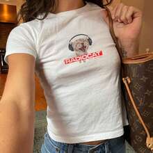 Graphic Radio Cat Baby Tee - Rockstar Kitten Tee, Coquette Tren Dy Babytee, Role Model Shirt, Rocksta - White - View 1