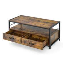 COSTWAY Industrial Coffee Table With Storage, Living Room Rectangular Center Cocktail Table W/ 2 Drawers & Open Shelf, Accent Sofa Console Table W/ Sturdy Metal Frame & Wooden Top, Rustic Brown - Brown - View 7