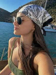 1件女士佩斯利印花方巾，70厘米大号女士缎面方巾丝滑触感发巾/头巾 - 黑與白 - 查看 1