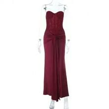 Elegant Strapless Evening Gown - Flowing Sash Waist-Defining Maxi Dress With Slim Fit & Formal Silhouette - Burgundy - View 11
