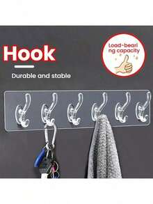 1pc No Drill 6-Hook Rail Adhesive Wall Hanger, Damage-Free Coat Rack - Clear - View 4
