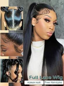 Tóc giả ren toàn bộ bằng tóc thật, tóc giả ren phía trước trong suốt, mật độ 150, tóc thẳng, tóc giả ren toàn bộ đã được tỉa sẵn, tóc giả làm từ tóc người Brazil dành cho phụ nữ. - Natural Black - Xem 1