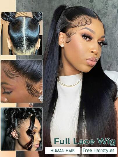 Tóc giả ren toàn bộ bằng tóc thật, tóc giả ren phía trước trong suốt, mật độ 150, tóc thẳng, tóc giả ren toàn bộ đã được tỉa sẵn, tóc giả làm từ tóc người Brazil dành cho phụ nữ.