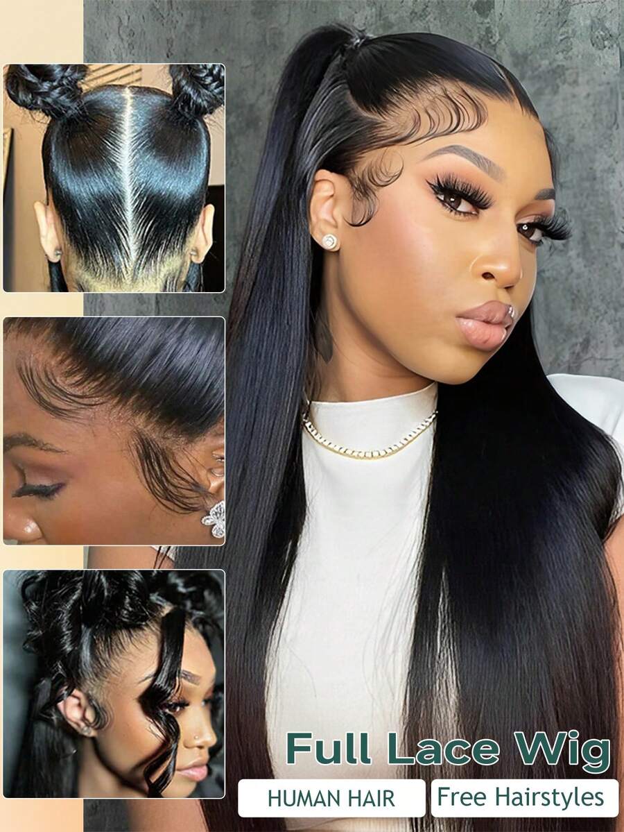 Tóc giả ren toàn bộ bằng tóc thật, tóc giả ren phía trước trong suốt, mật độ 150, tóc thẳng, tóc giả ren toàn bộ đã được tỉa sẵn, tóc giả làm từ tóc người Brazil dành cho phụ nữ. - Natural Black - Xem 1