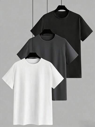 GRDR 3pcs/Set Men's Solid Color Casual Street Sporty Round Neck Short Sleeve T-Shirts, Minimalist Versatile, Suitable For Layering