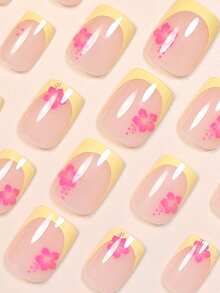 用24片短方形美甲贴片瞬间提升您的造型！优雅法式黄、奢华玫瑰粉、樱花裸色、可爱玫瑰粉波点、浅粉色全覆盖假指甲贴片，适合女性和女孩。内含1张粘合贴片和1个迷你指甲锉。随机发货。 - 黃色 - 查看 3