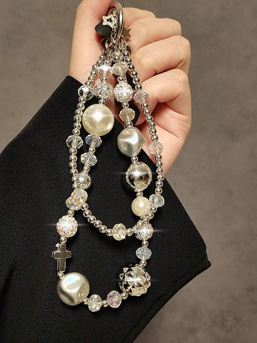 1条奢华多层珍珠水晶手机挂绳，优雅十字串珠手机链，时尚水晶手机挂绳，适合作为母亲、家人、朋友的生日、节日礼物 - 手机挂饰，手机挂绳