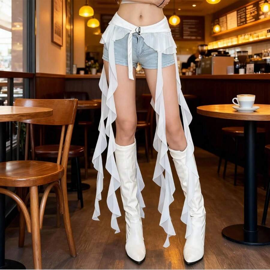 Women's Adjustable Fake Top Lower Sweep Long Tassel Solid Color White Casual Belts - trắng - Xem 1