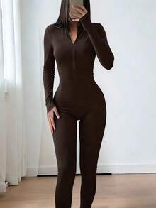 Women's Stand Collar Zipper One-Piece Sportswear, Spring Elegant - Brown - View 5