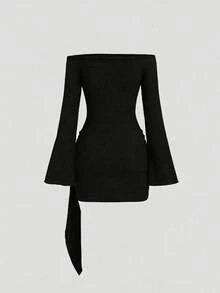 女士纯色休闲打结针织连衣裙，饰以纯色金属扣，优雅时尚，适合办公室、居家、日常穿着、度假及各种场合，四季皆宜，春季黑色款 - 黑色 - 查看 6