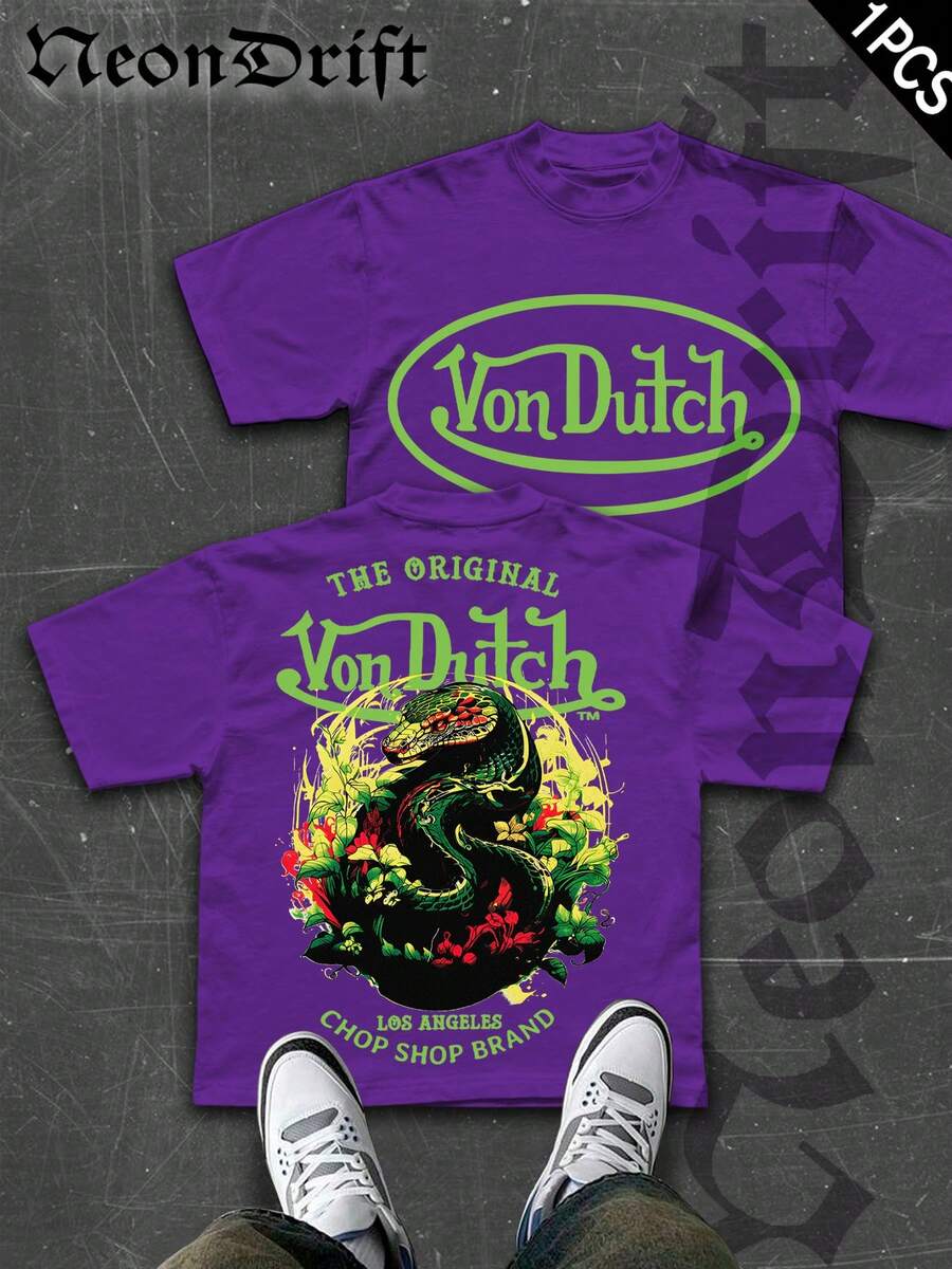 NeonDrift  Double-Sided Printing  Men's T-Shirt Men's Short-Sleeve T-Shirt100% Cotton Fabric Soft & Skin-Friendly Unisex Style Gifts For Spring Festival, Valentine's Day, St. Patrick's Day & World Cup-Van Dutch Dragon Print Men T Shirt Classic Americana Style Graphic Tee Streetwear Fashion Casual Wear For Car Enthusiasts And Vintage Culture Lovers - 紫色 - 查看 1