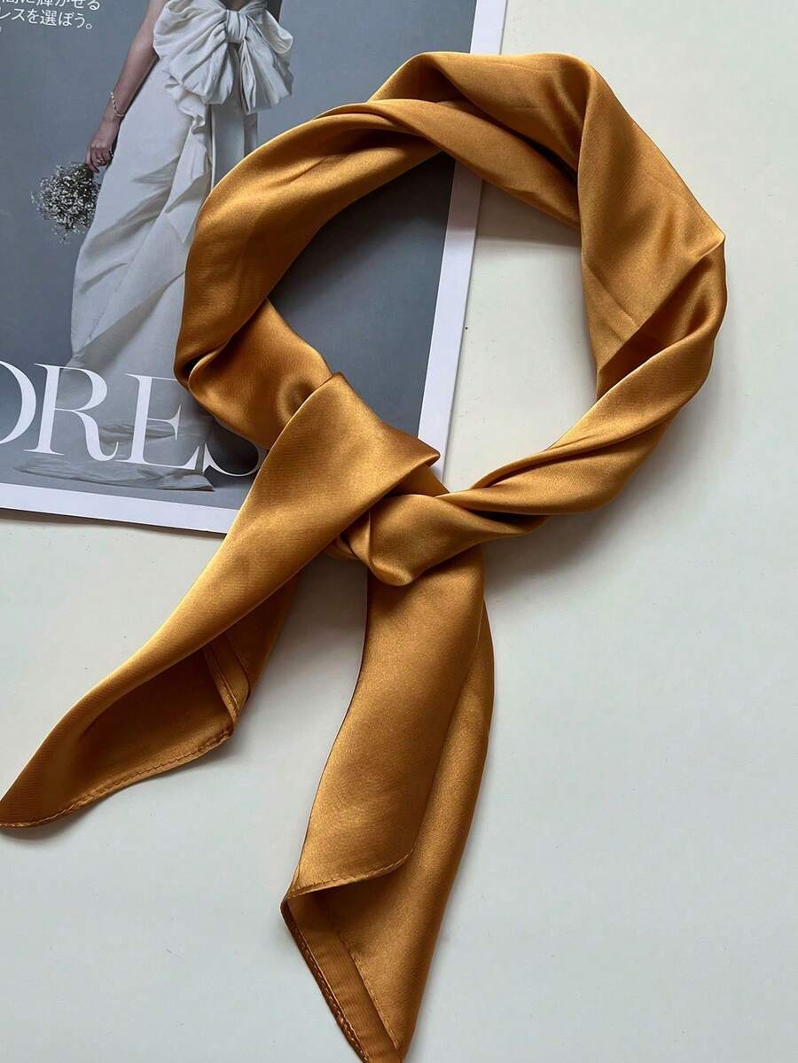 1pc Solid Color Women's Square Scarf, Fashion Plain Silk Scarf, Versatile Hair Band, Waist Belt, Bag Strap, Multi-Functional Shawl,Beach,Holiday,Accessories,Travel Essential - Ginger - View 1