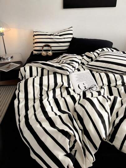 3pcs 100% Cotton Simple Striped Print Bedding Set, Suitable For Boys, Girls, Dorm, Bedroom, Zipper Closure, All Season, Soft & Breathable, Fit Twin, Full, Queen, King Size Bed (1 Duvet Cover, 2 Pillow Shams, No Filler)