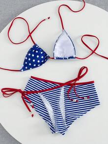 3pcs Women's Bikini Swimwear, Vintage Brown Polka Dot Print Striped Beach Shorts Swimwear / Vacation Outfit / The 4th Of July / Back To School Summer - Blue - View 7