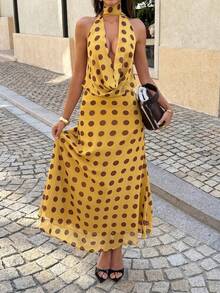 Women's V-Neck Long Tie-Waist Polka Dot Sexy Slip Dress, Suitable For Vacation, Party, Gala, Christmas, Thanksgiving And Other Occasions - Yellow - View 5