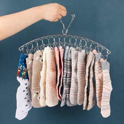 Percha de acero inoxidable para secar ropa con múltiples pinzas, rejilla antiviento para secar calcetines, organizador de lavandería de metal pulido y resistente a la oxidación para uso en interiores y exteriores, diseño de gancho de bloqueo automático, percha ahorradora de espacio para calcetines, ropa interior, ropa de bebé, toallas y prendas pequeñas, tendedero portátil ideal para el hogar, el balcón, el camping y los viajes