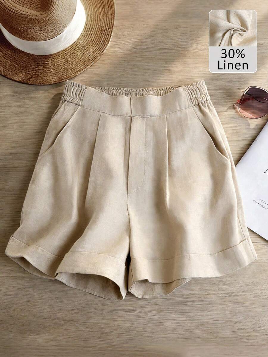 Quần short nữ dáng rộng, chất liệu pha lanh, có túi chéo và gấu quần, kiểu dáng chữ A, thích hợp mặc mùa hè. - Màu be - Xem 1