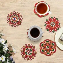 6pcs DIY Diamond Painting Coaster Set With Stand - Mandala Flower Theme, Round And Asymmetrical Shape Diamonds, Wooden Craft Kit, Suitable For Adults And Beginners - View 3