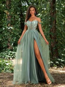 Faeriesty 华丽露肩网纱晚礼服，高开衩设计，饰以花卉图案和透视网纱 | 适合浪漫婚礼、派对之夜和时尚鸡尾酒会等场合的奢华正式礼服，春日度假必备 - 綠色 - 查看 4