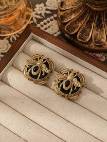 一对独特圆形精致蜜蜂造型金属耳环，时尚饰品，适合女性日常、节日、派对佩戴 - 耳環 - 查看 2