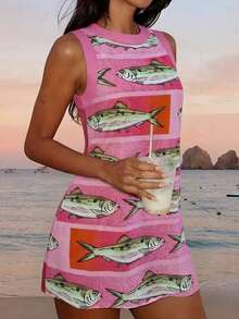 2026 Spring/Summer Women's Sleeveless Fish Print Pink Dopamine-Inspired Casual Vacation Beach Dress, Loose A-Line Mini Skirt - Multicolor - View 10