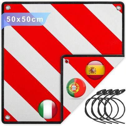 50x50cm Aluminium Warntafel 3 in 1 Alu Rot Weiß Reflektierendes Warnschild für Italien Spanien und Portugal mit 4x Spanngurte, für Heckträger Fahrradträger Wohnmobil