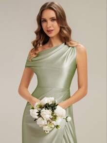 EVERPRETTY Nouvelle robe de demoiselle d'honneur asymétrique élégante à l'épaule dénudée en satin brillant, robe de cocktail vert matcha avec fente haute plissée douce, adaptée pour les invités de mariage, les fêtes, les dîners de gala, les célébrations d'anniversaire au printemps - Vert - Voir 7