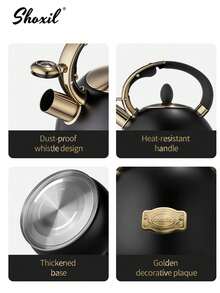 shoxil 1 ấm trà, ấm pha cà phê, ấm đun nước bằng thép không gỉ cao cấp 3L, thiết kế chống bụi và có còi báo, chịu nhiệt, đáy dày, tấm trang trí mạ vàng, thích hợp cho gia đình và quán cà phê. - 2L trở lên - Xem 5