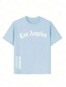 T-shirt imprimé avec slogan motivant << Los Angeles » pour garçon préadolescent, et haut d'été à la mode pour garçons - Bleu ciel - Voir 4