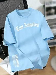 T-shirt imprimé avec slogan motivant << Los Angeles » pour garçon préadolescent, et haut d'été à la mode pour garçons - Bleu ciel - Voir 3