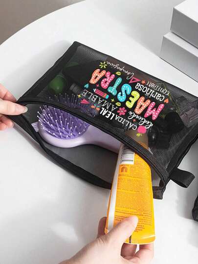 MAESTRA Letter Pattern Mesh Bag, Letter Lettering Floral Print Zipper Women'S Cosmetics Bag,Transparent Mesh Storage Bag Wash Bag, Gifts For Her,Suitable For Women'S Cosmetics Storage, University Dormitory Cosmetics Storage, Women'S Travel