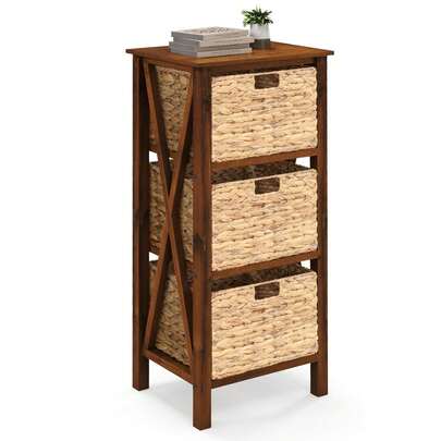  COSTWAY 4-Tier Nightstand With 3 Seagrass Baskets, Narrow X-Design Side Table End Table, Beside Table With Acacia Wood Legs, Mid Century Accent Storage Cabinet For Living Room, Bedroom, Walnut