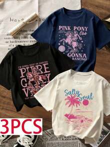 3件套少女休闲印花短袖T恤，青少年学生服装，夏季上衣，激发孩子的艺术想象力 - 彩色 - 查看 1