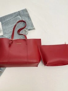 两件套纯色大容量单肩手提包和手拿包，采用PU皮革材质，适合女孩、女士日常使用、工作和购物，也可作为母女装，是母亲节的最佳礼物之选。 - 紅色 - 查看 9
