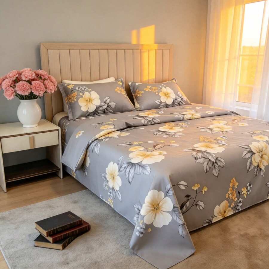 Golden Bee 印花四件式床品 6款可選 被套140x200–200x220cm + 床單 + 2枕頭套70x80cm 柔軟透氣簡約風臥室套裝 - 灰色 - 查看 1