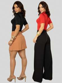 Kit 2 Women's Blouses High Neck T-Shirt Short Sleeve Plain Suplex Cacharrel - BLACK AND RED - View 11