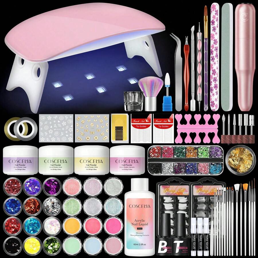 COSCELIA Acrylic Nail Kit With Nail Lamp And Nail Drill 4 Acrylic Powders Glitter Powder 60ml Acrylic Liquid Base Top Coat For Nail Extension Nail Art Tools Summer Vacation Gift For Women For Summer Vacation - 多色04 - 查看 1